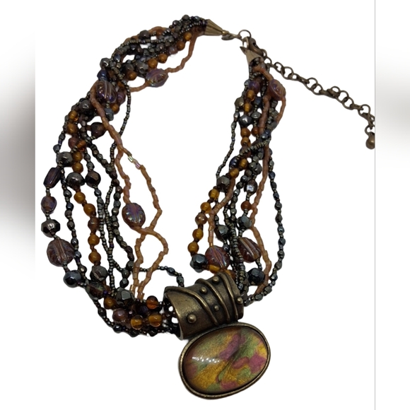 Chico's Multi-Strand Earth Tone Beaded Necklace with Abstract Resin Pendant - Picture 3 of 8